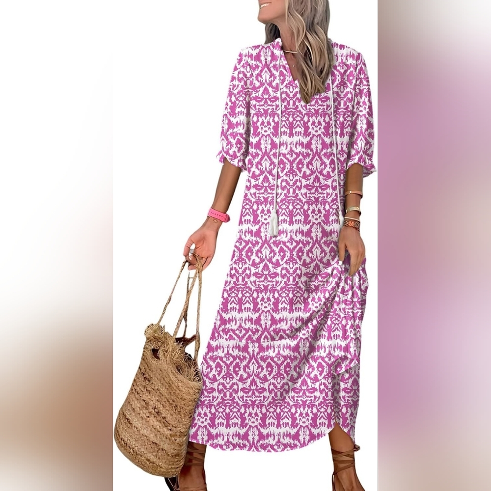 Dokotoo Women's Casual Loose Sundress Elegant Tassel V Neck